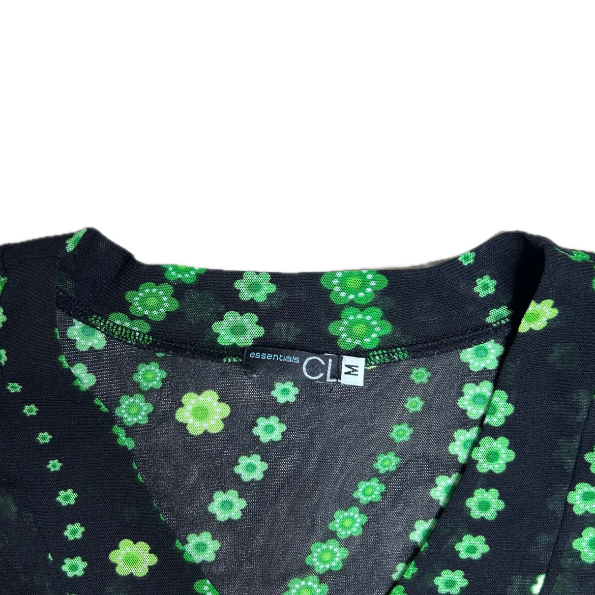 Vintage black mesh T-Shirt with green wavy floral print