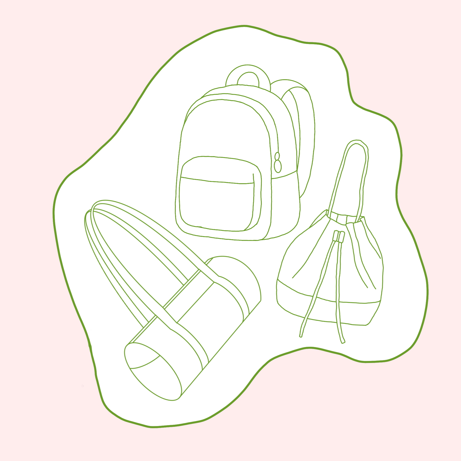 Illustration of secondhand and vintage bags and backpacks. 
