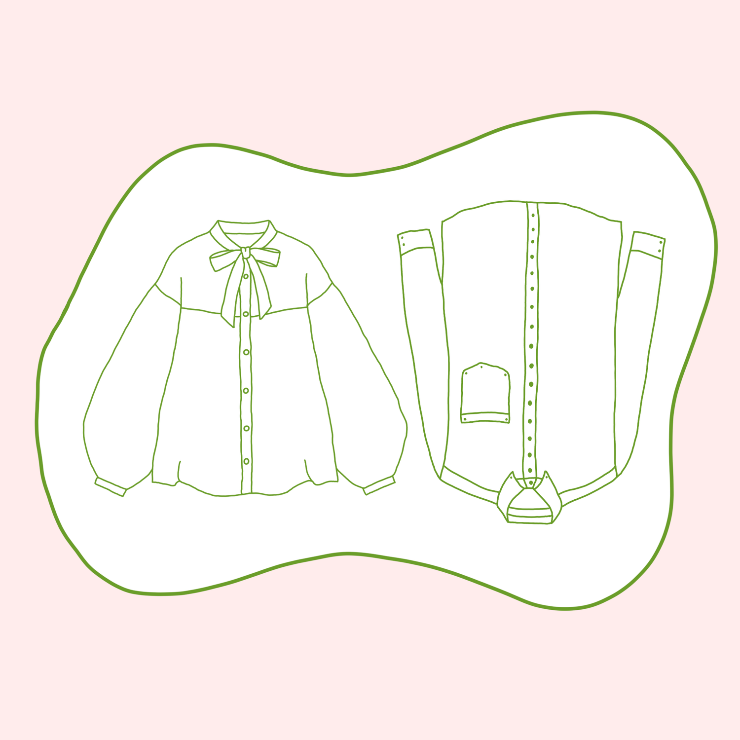 Illustration of secondhand and vintage blouses and shirts.