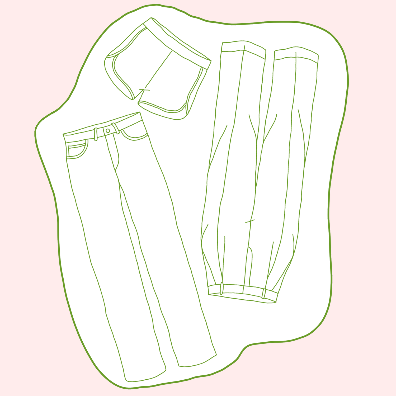 Illustration of secondhand and vintage jeans, pants and shorts.