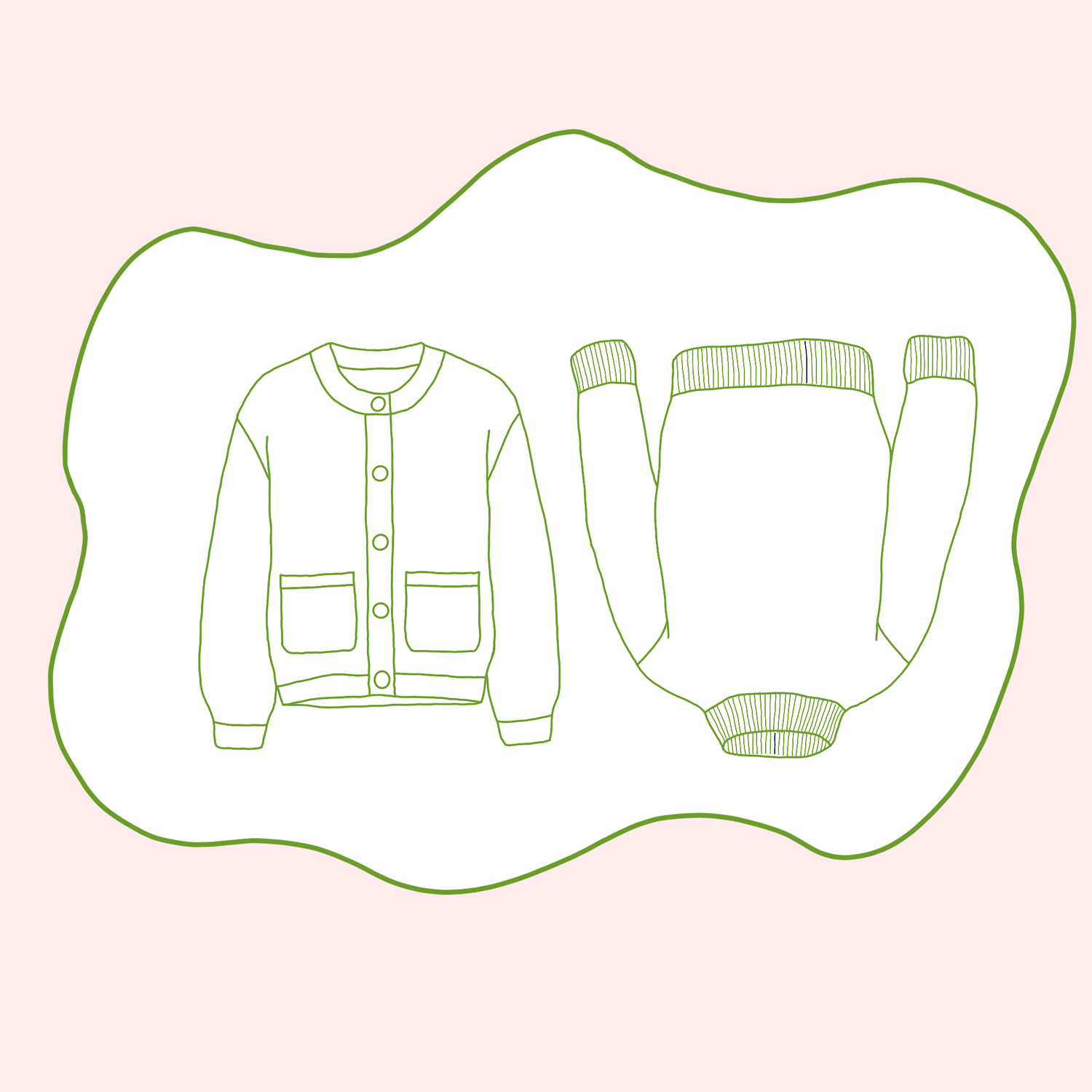 Illustration of secondhand and vintage cardigans and sweaters.