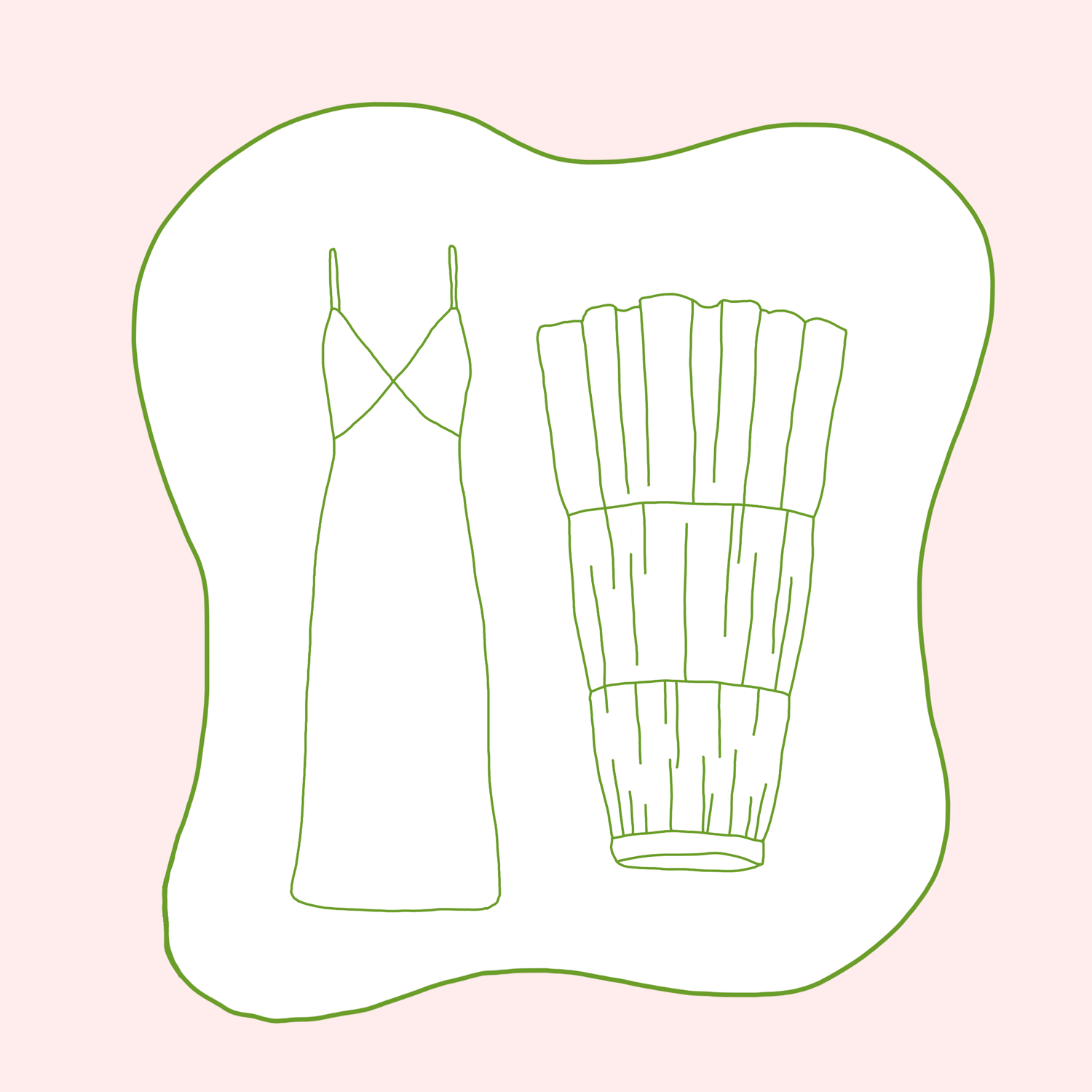Illustration of secondhand and vintage dresses and skirts.