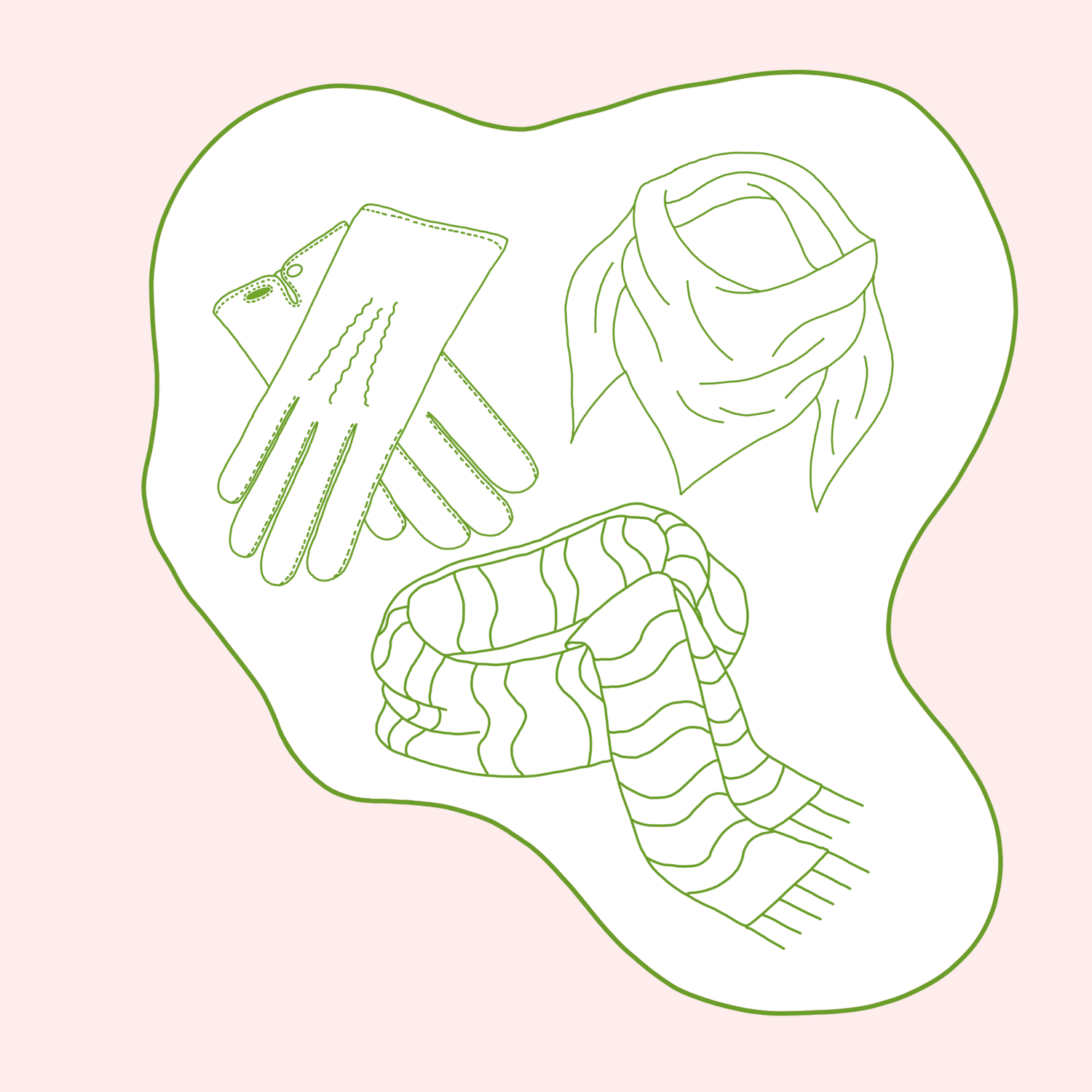 Illustration of secondhand and vintage gloves, scarves and foulards. 