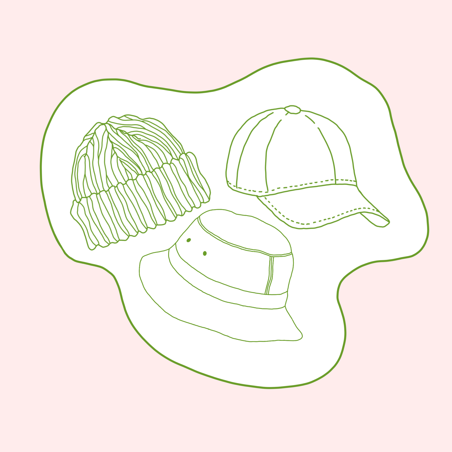 Illustration of secondhand and vintage hats, caps, beanies and bucket hats.