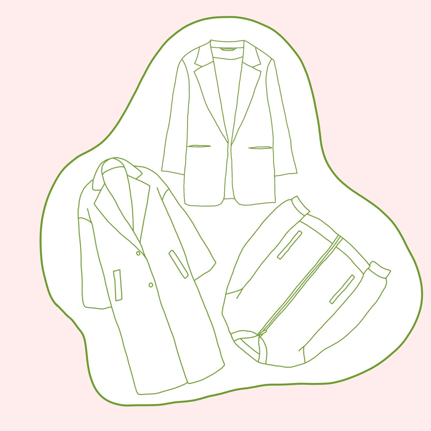 Illustration of secondhand and vintage blazers, coats and jackets.