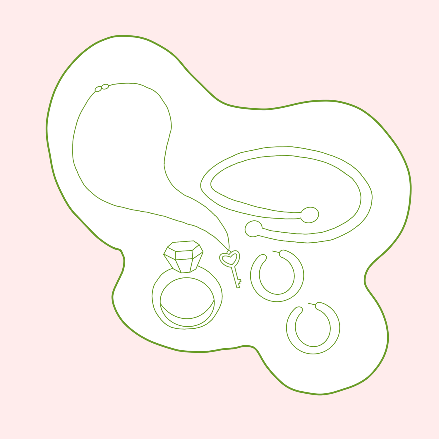 Illustration of secondhand and vintage jewelry, necklaces, braclets, rings and earrings.
