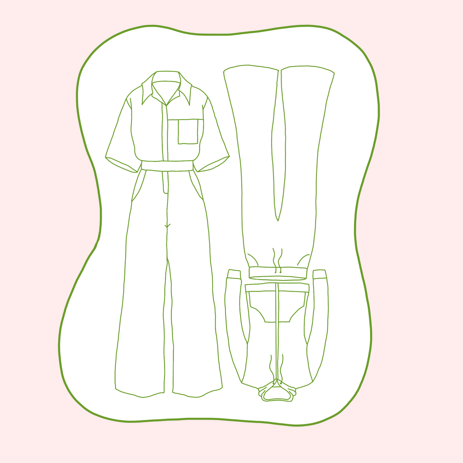 Illustration of secondhand and vintage jumpsuits, matching sets and overalls.