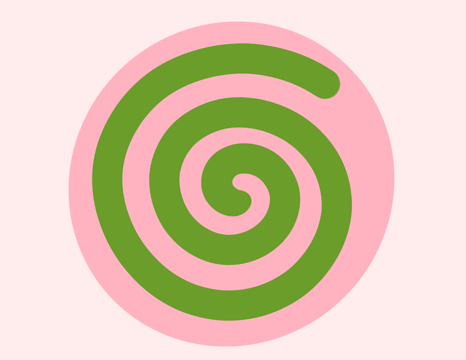 Illustration of a green spiral on a pink circle for the new arrivals of secondhand and vintage clothing and accessories.