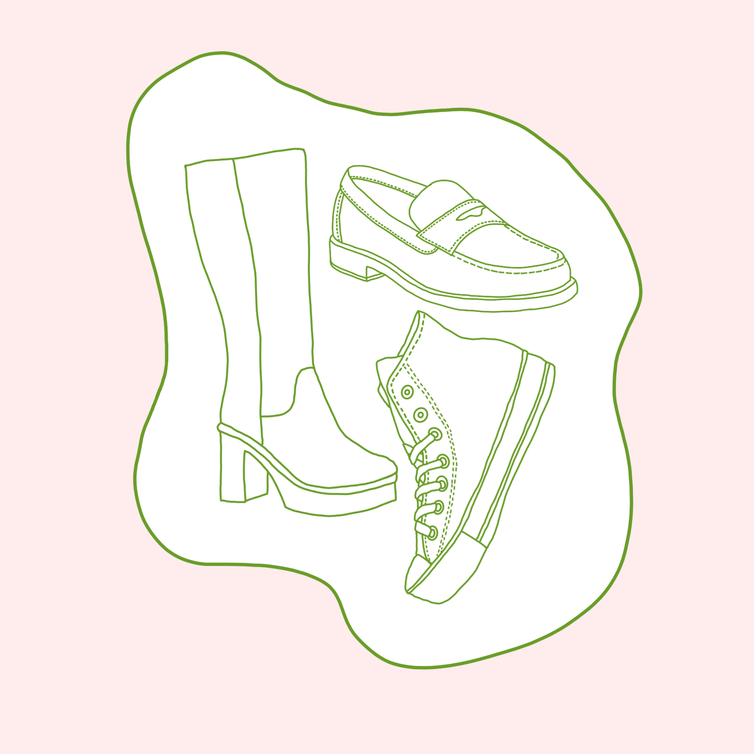 Illustration of secondhand and vintage shoes, boots, sneakers and loafers.