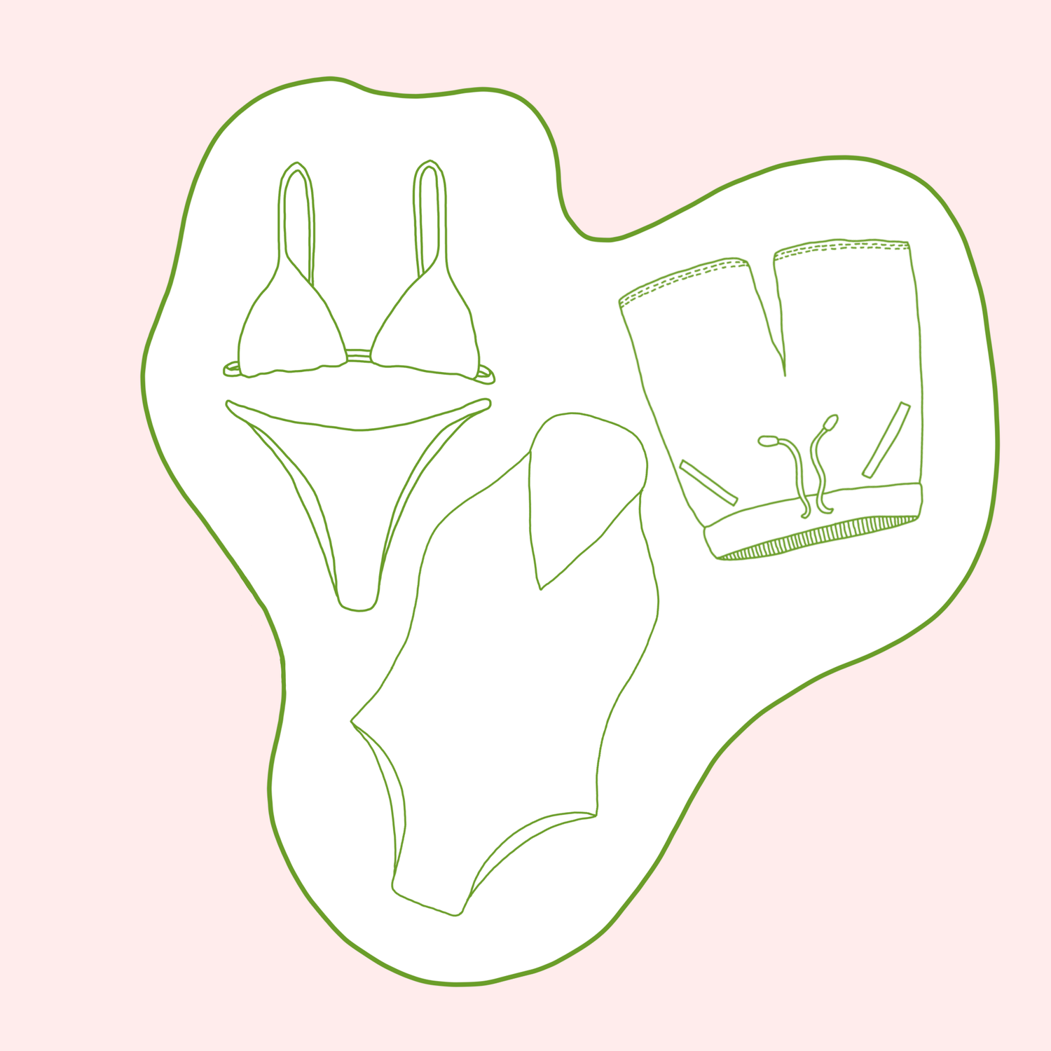 Illustration of secondhand and vintage swimwear, bikinis, swimsuits and swim shorts.
