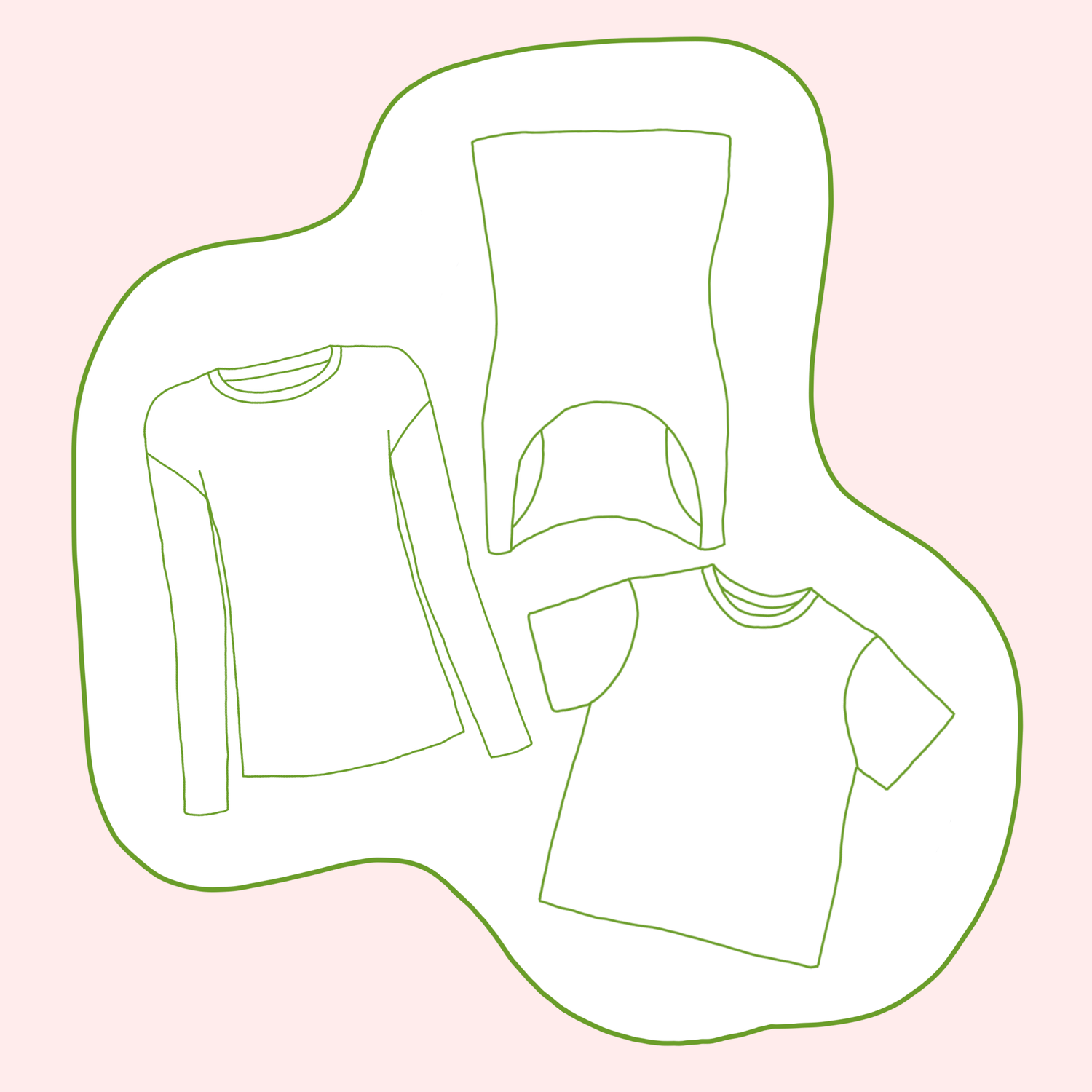 Illustration of secondhand and vintage longsleeves, tops and t-shirts.