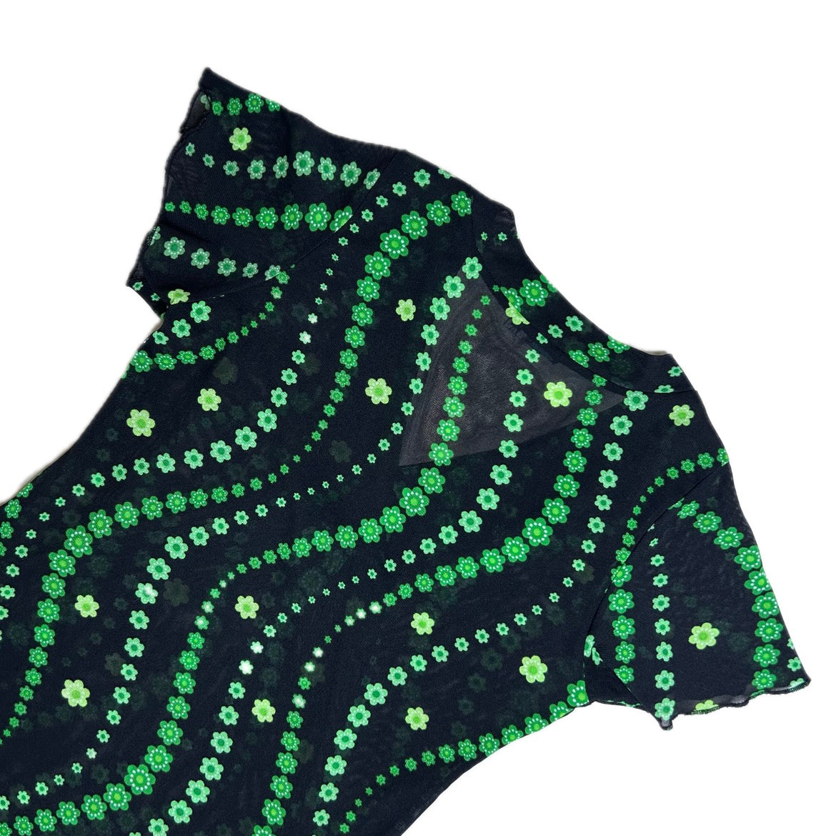 Vintage black mesh T-Shirt with green wavy floral print 