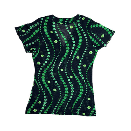 Vintage black mesh T-Shirt with green wavy floral print 