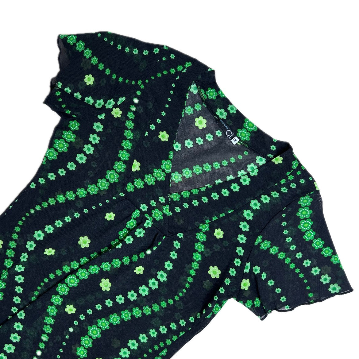 Vintage black mesh T-Shirt with green wavy floral print 