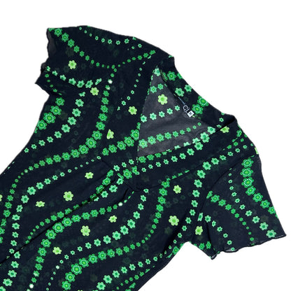 Vintage black mesh T-Shirt with green wavy floral print 
