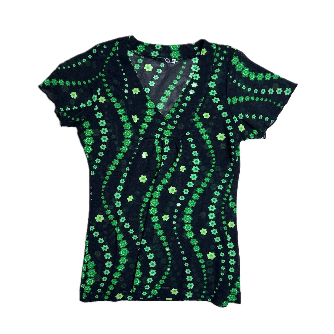 Vintage black mesh T-Shirt with green wavy floral print 