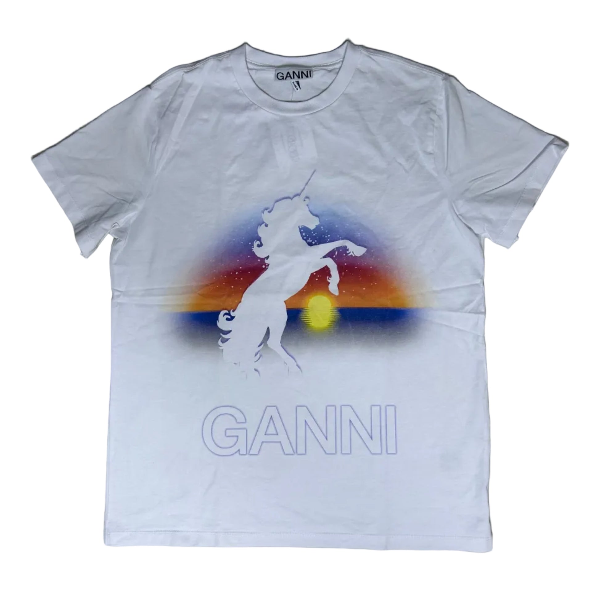 Secondhand white cotton Ganni T-Shirt with colorful graphic print