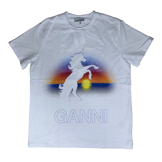 Secondhand white cotton Ganni T-Shirt with colorful graphic print