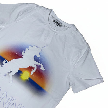 Secondhand white cotton Ganni T-Shirt with colorful graphic print