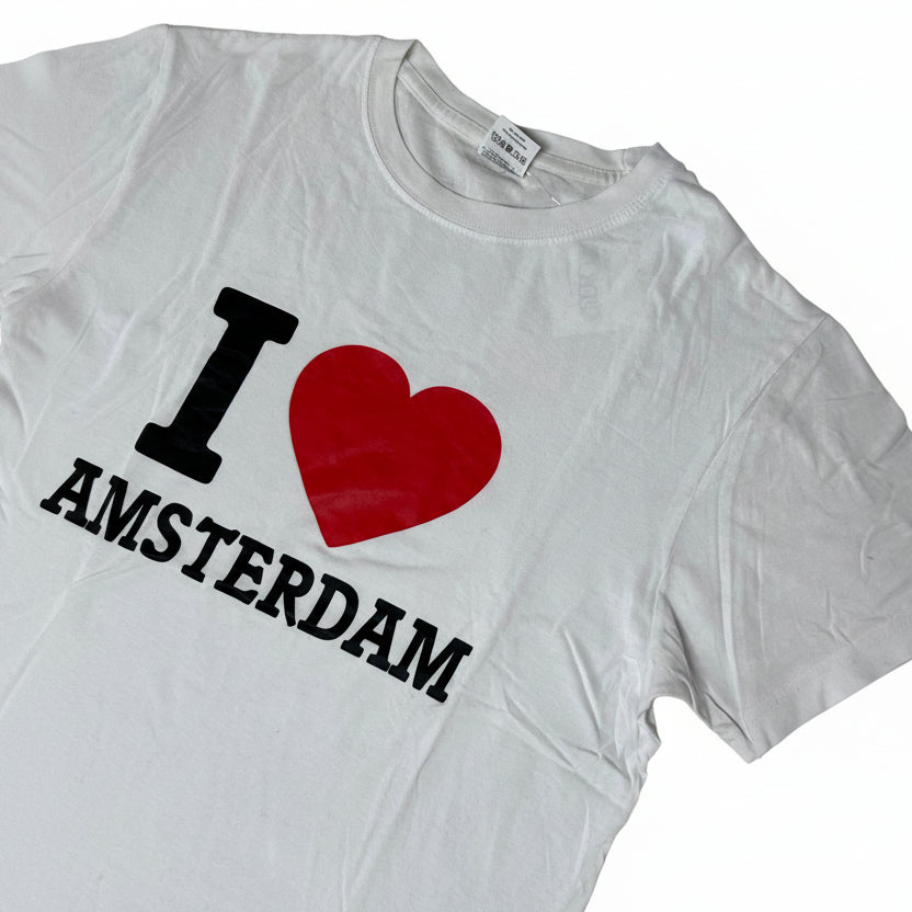 Secondhand white cotton T-Shirt with "I Love Amsterdam" print 