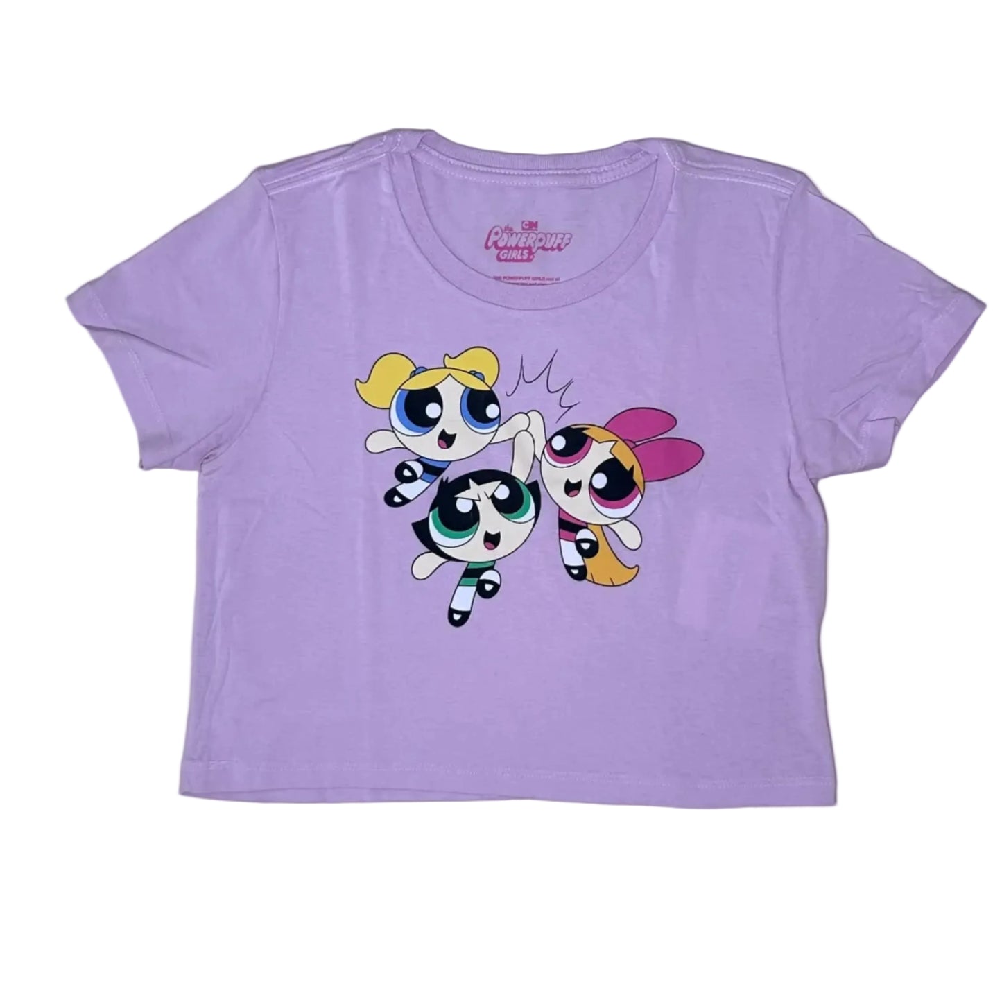 Secondhand light pink cropped cotton Powerpuff Girls T-Shirt with colorful print 