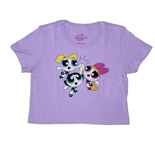 Secondhand light pink cropped cotton Powerpuff Girls T-Shirt with colorful print 