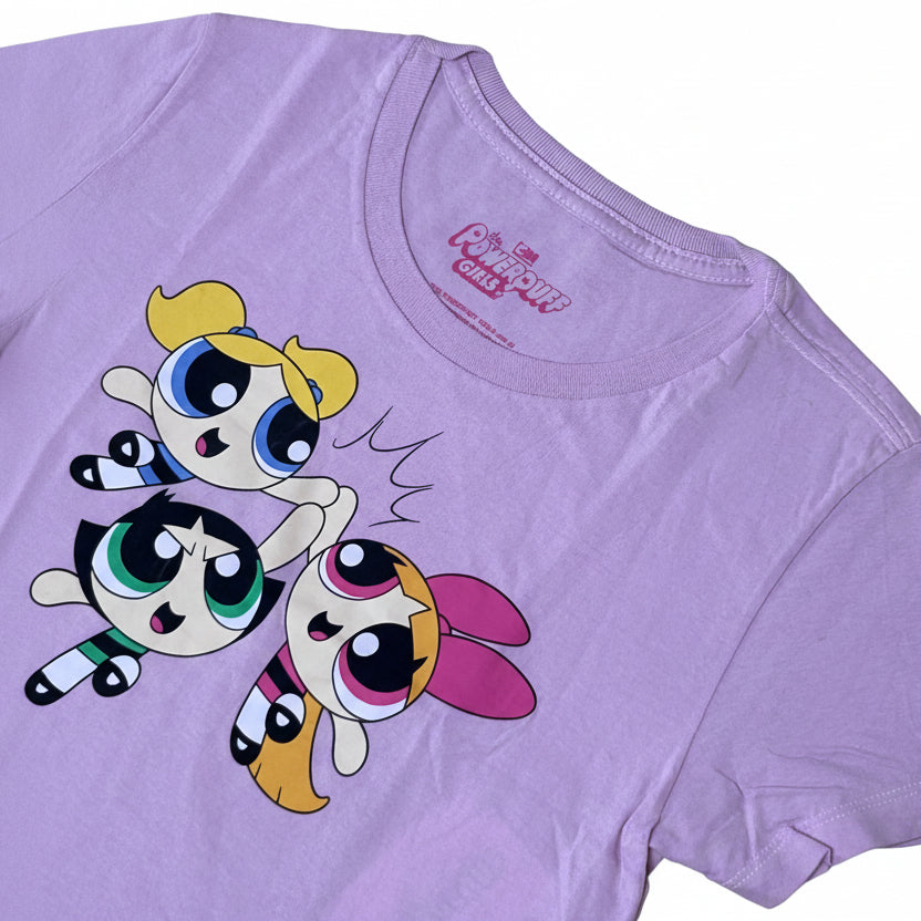 Secondhand light pink cropped cotton Powerpuff Girls T-Shirt with colorful print 