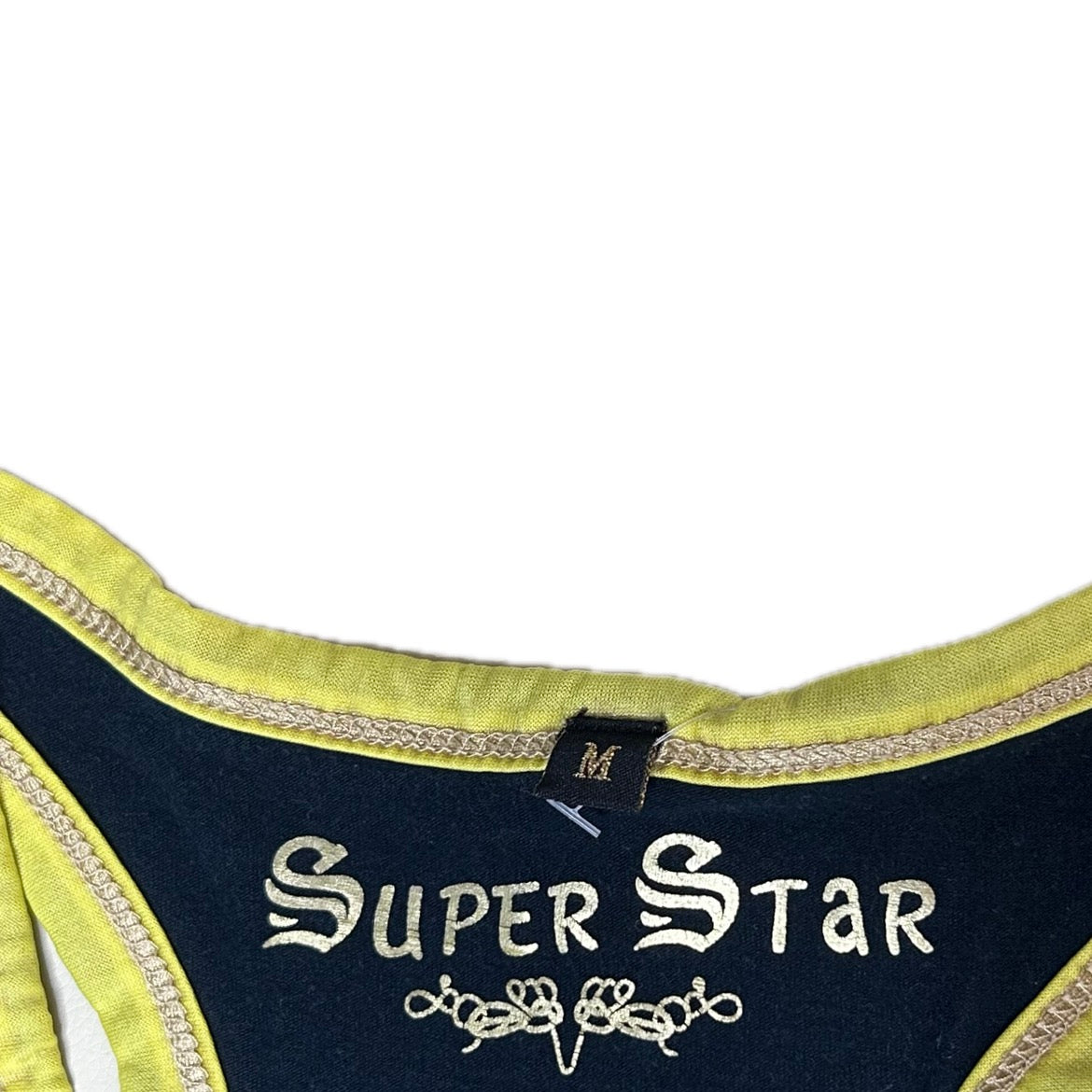 Secondhand black, yellow and gold cotton Super Star Top with Racer Back 