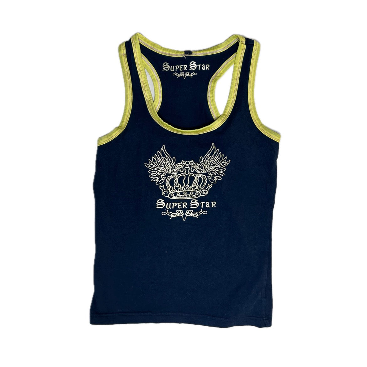 Secondhand black, yellow and gold cotton Super Star Top with Racer Back 