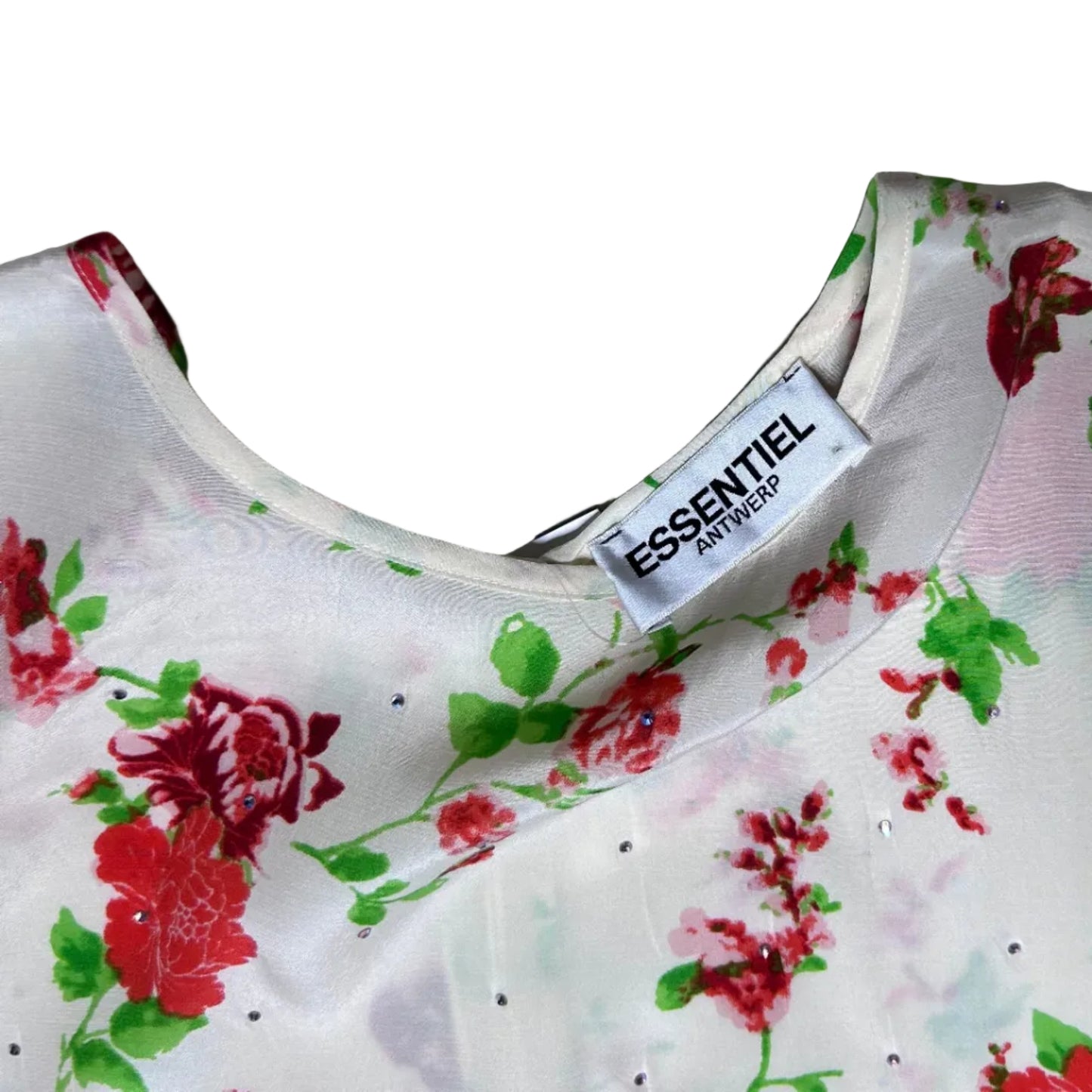 secondhand white Essentiel Antwerp Top / Blouse with flower print and rhinestones