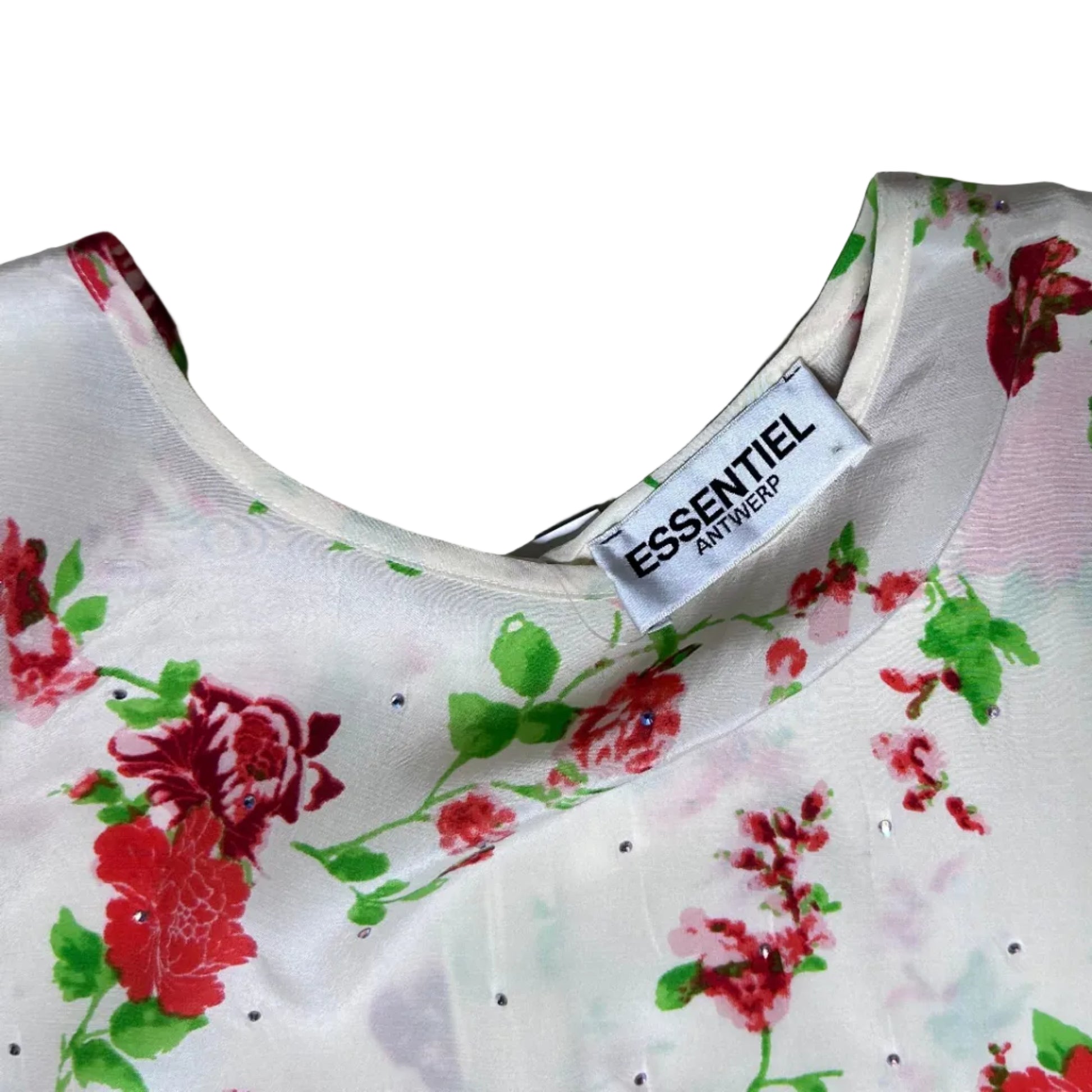 secondhand white Essentiel Antwerp Top / Blouse with flower print and rhinestones