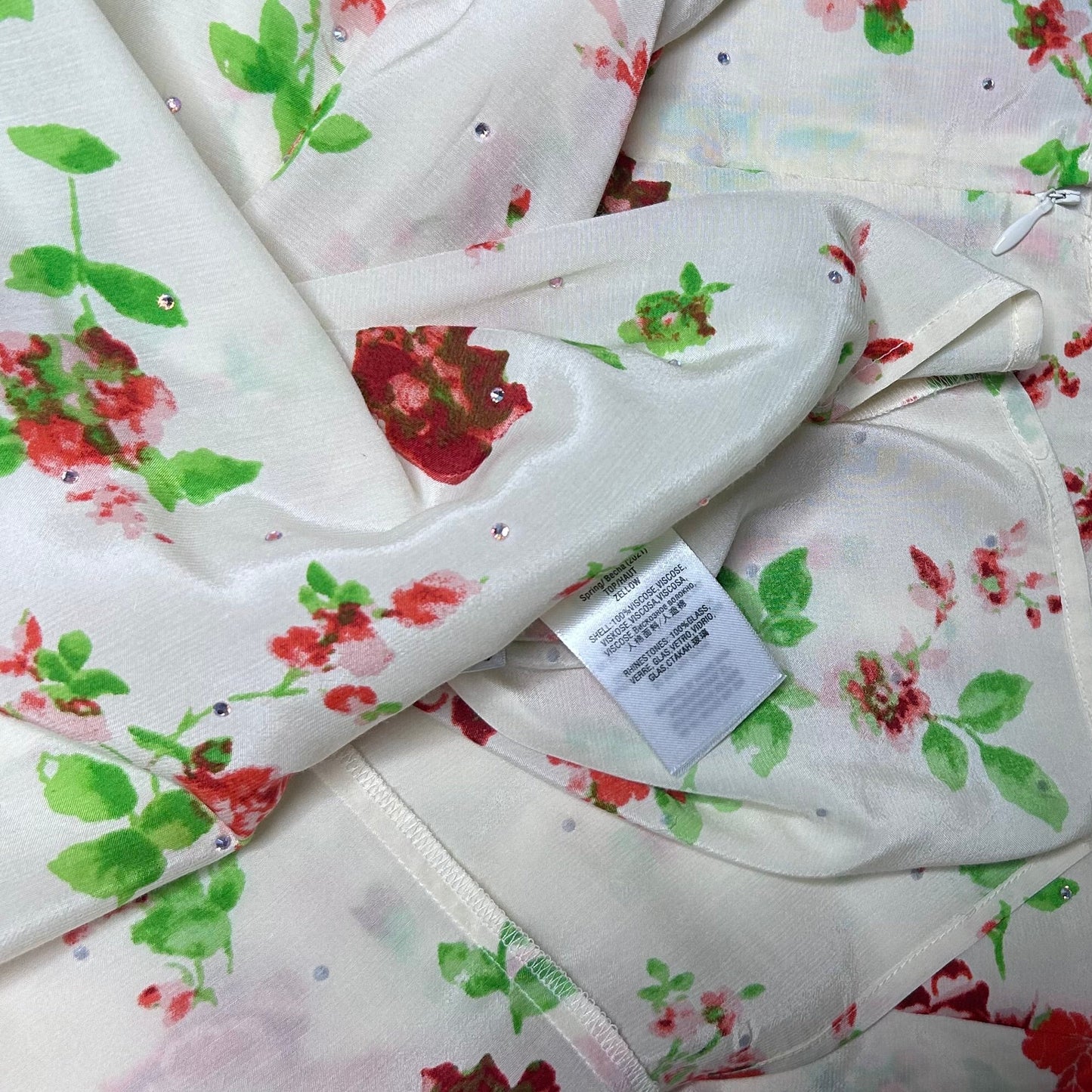 secondhand white Essentiel Antwerp Top / Blouse with flower print and rhinestones