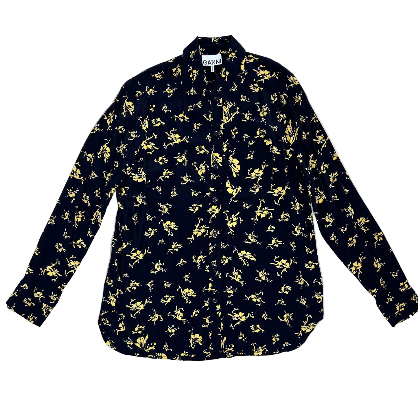 Secondhand black Ganni Blouse with yellow floral print 
