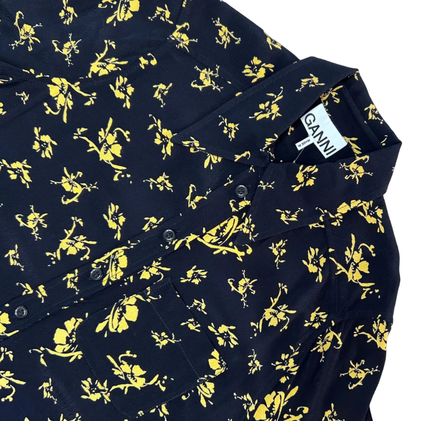 Secondhand black Ganni Blouse with yellow floral print 
