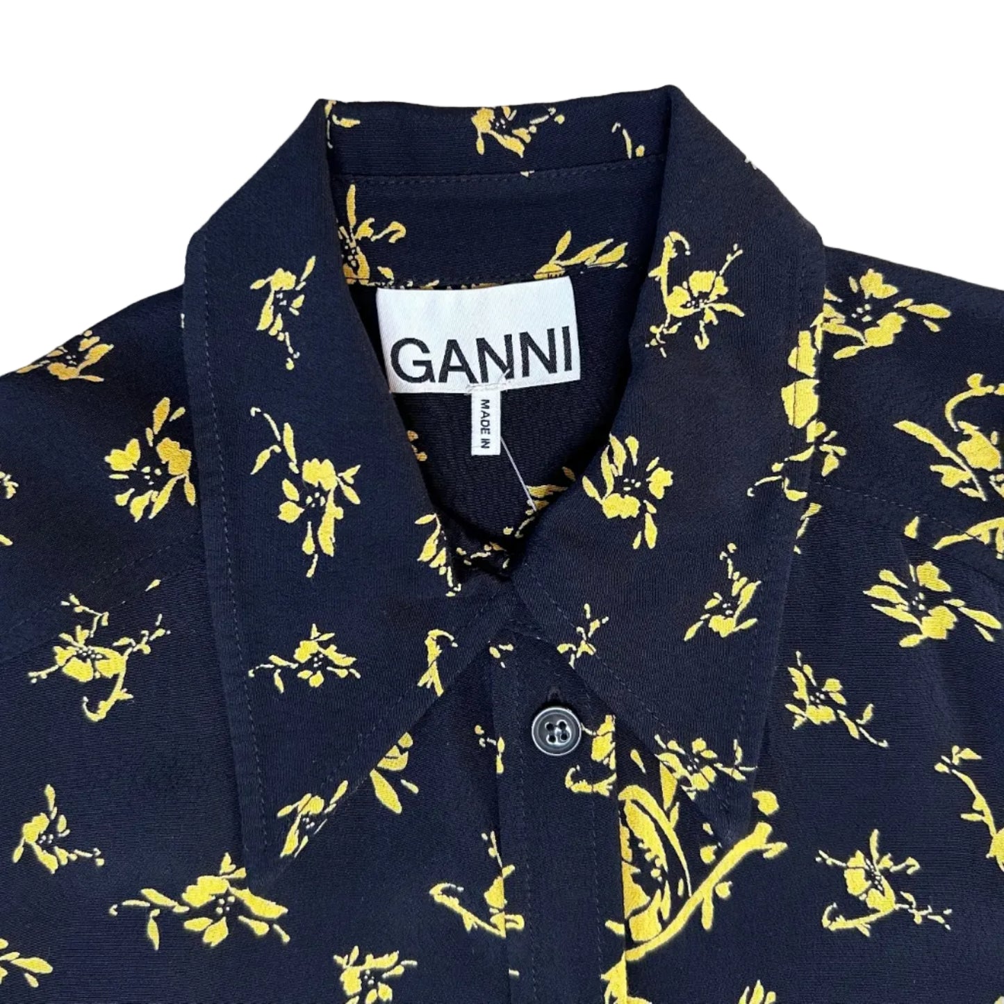 Secondhand black Ganni Blouse with yellow floral print 