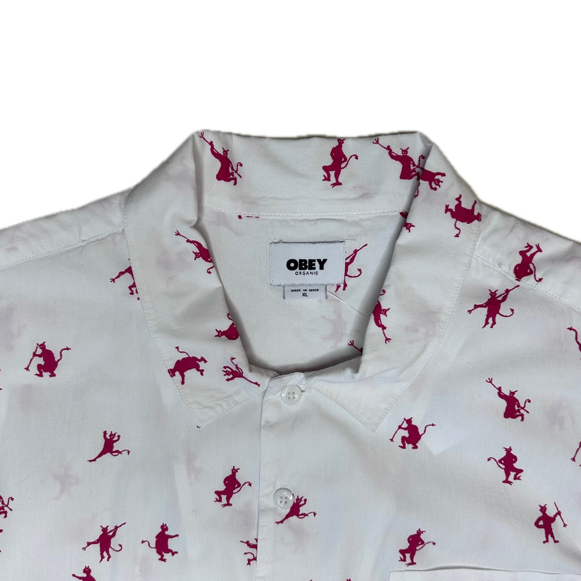 Secondhand white cotton Obey Shirt with short sleeves and red devil print 