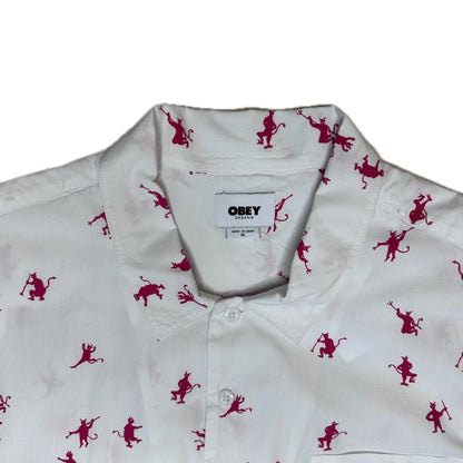 Secondhand white cotton Obey Shirt with short sleeves and red devil print 