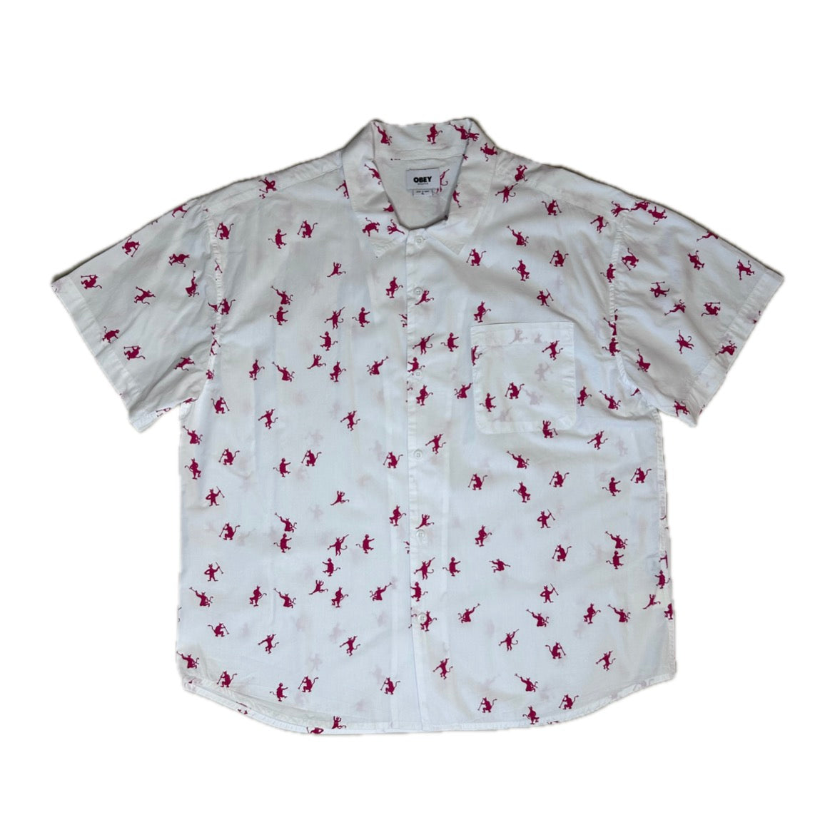 Secondhand white cotton Obey Shirt with short sleeves and red devil print 