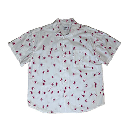 Secondhand white cotton Obey Shirt with short sleeves and red devil print 