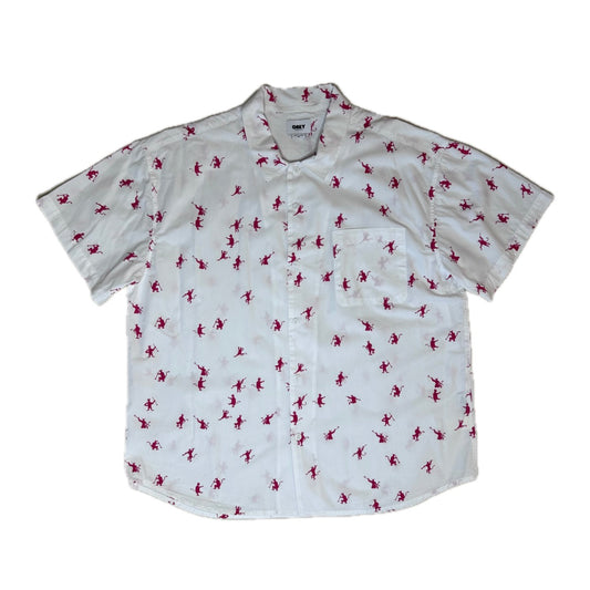 Secondhand white cotton Obey Shirt with short sleeves and red devil print 