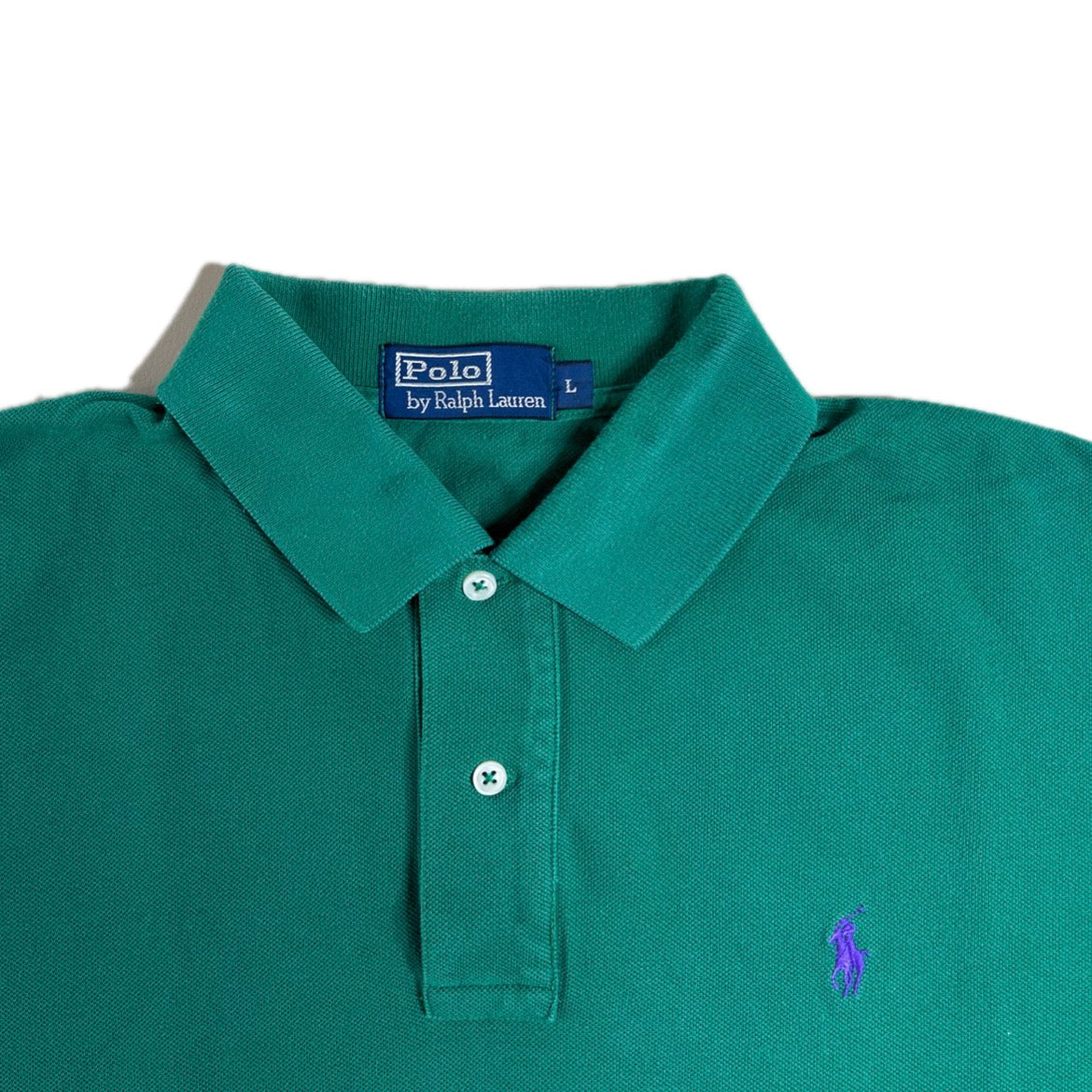 Secondhand green cotton Ralph Lauren Polo Shirt with Short Sleeves and purple Logo