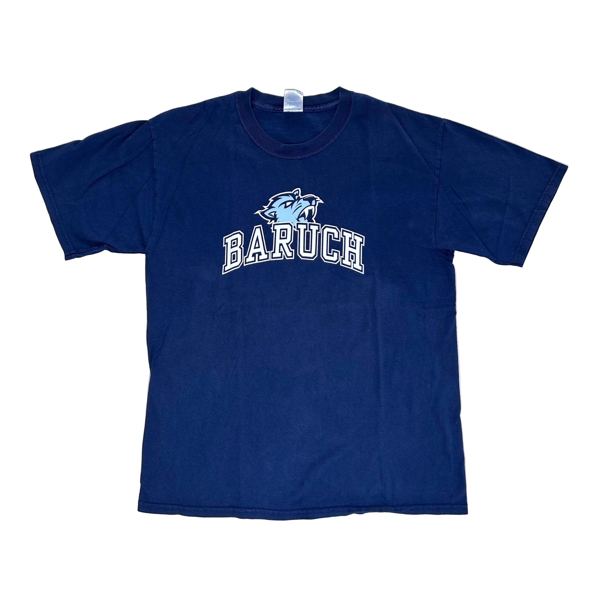 Secondhand dark blue cotton Gildan T-Shirt with Baruch print and Bearcat emblem 