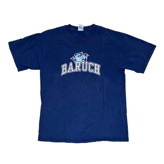Secondhand dark blue cotton Gildan T-Shirt with Baruch print and Bearcat emblem 
