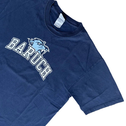 Secondhand dark blue cotton Gildan T-Shirt with Baruch print and Bearcat emblem 