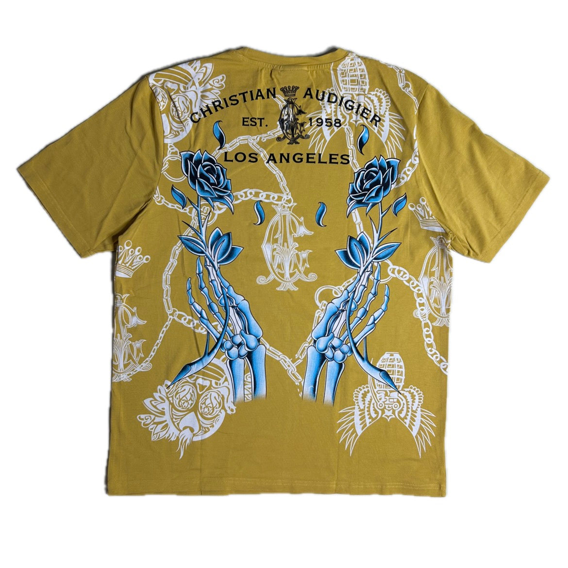 Secondhand yellow cotton Ed Hardy T-Shirt with print and rhinestones