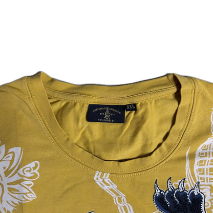 Secondhand yellow cotton Ed Hardy T-Shirt with print and rhinestones