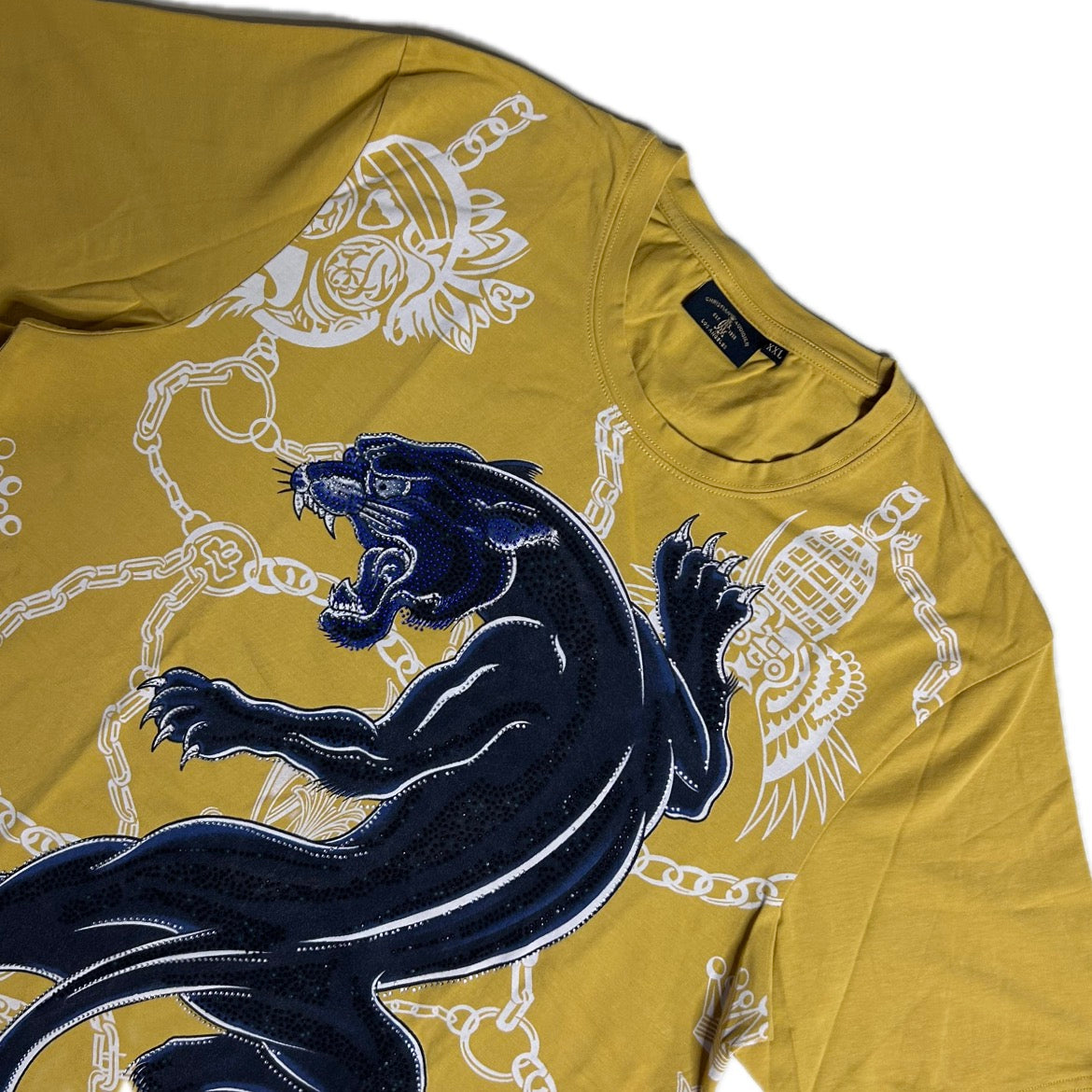 Secondhand yellow cotton Ed Hardy T-Shirt with print and rhinestones