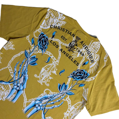 Secondhand yellow cotton Ed Hardy T-Shirt with print and rhinestones