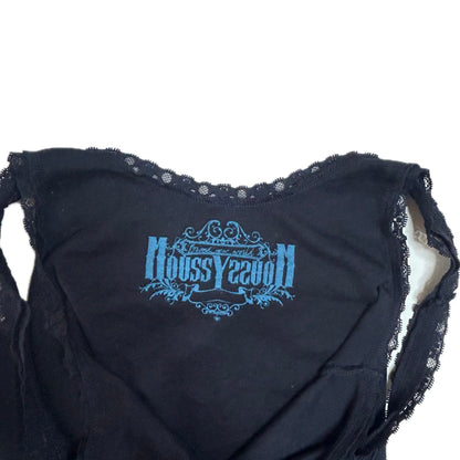 Vintage black cotton Y2K Moussy Top with lace and colorful print 