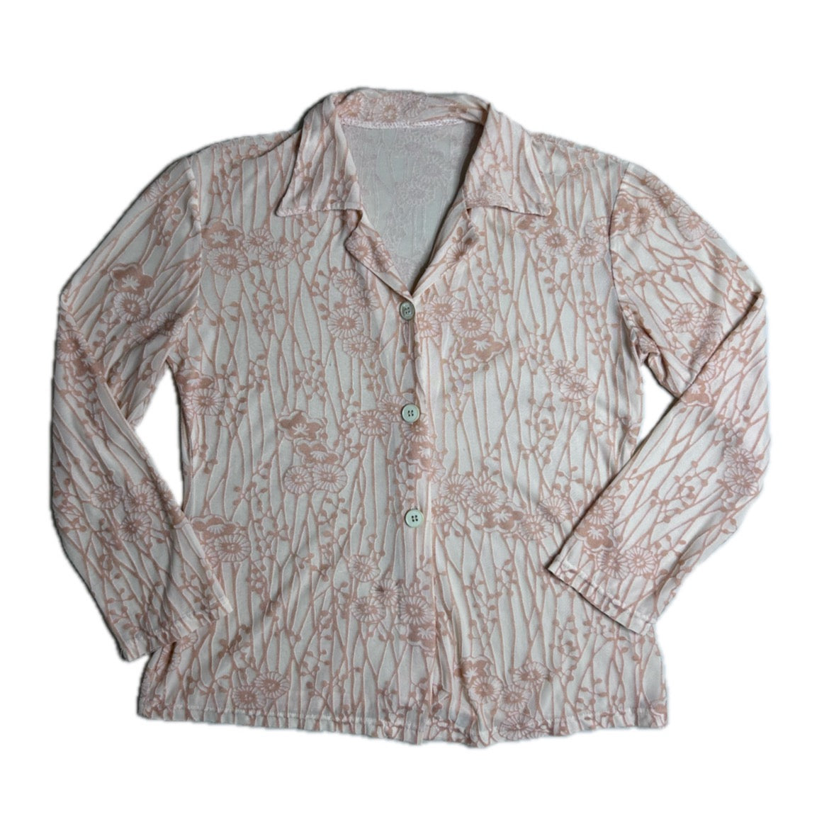 Vintage beige Y2K Mesh Blouse with Velvet Floral Print 